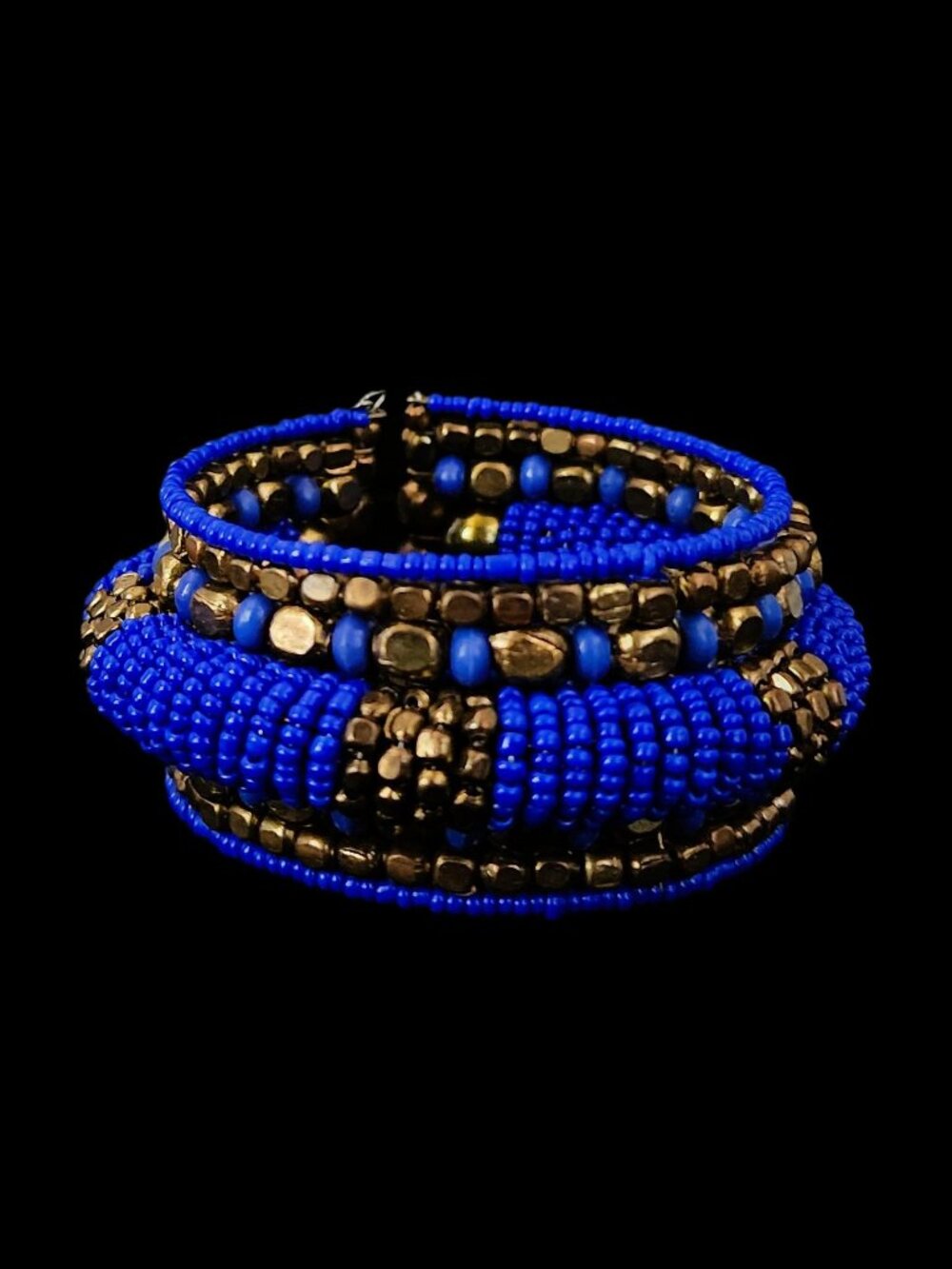 Vintage 2000 J. Crew Cobalt Blue & Gold Beaded Multi-Row Statement Cuff Bracelet